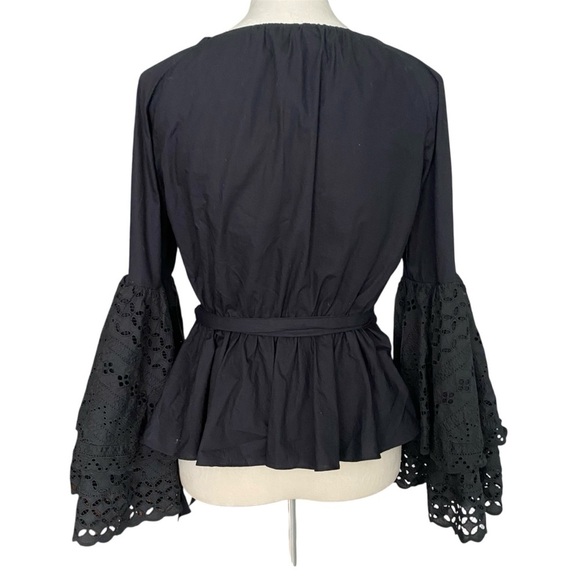 Rebecca Minkoff Melly Eyelet Bell Sleeve Wrap Top Black NWOT Boho Victorian XXS - Picture 6 of 11